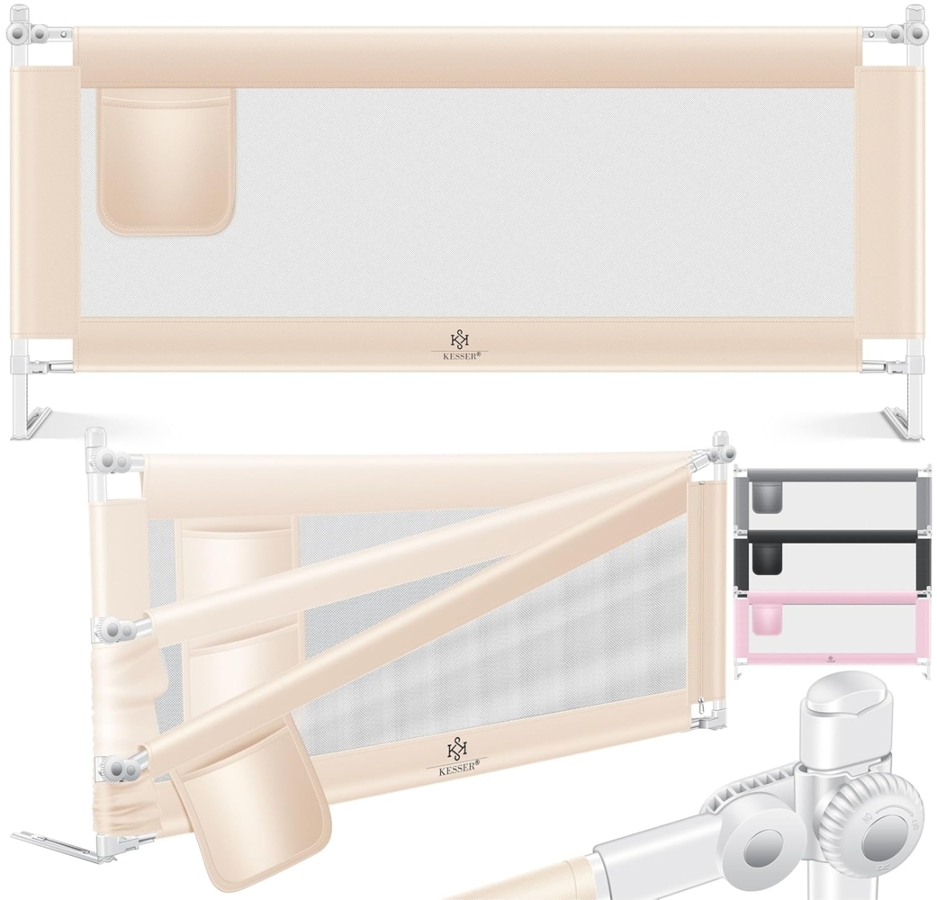 KESSER® Bettgitter 180cm Bettschutzgitter Kinderbettgitter für Kinder Babybettgitter Klappbar, Kinderbett Kinderbettschutzgitter Rausfallschutz, Bett & Elternbett hoch: 72 bis 96cm Beige Bild 1