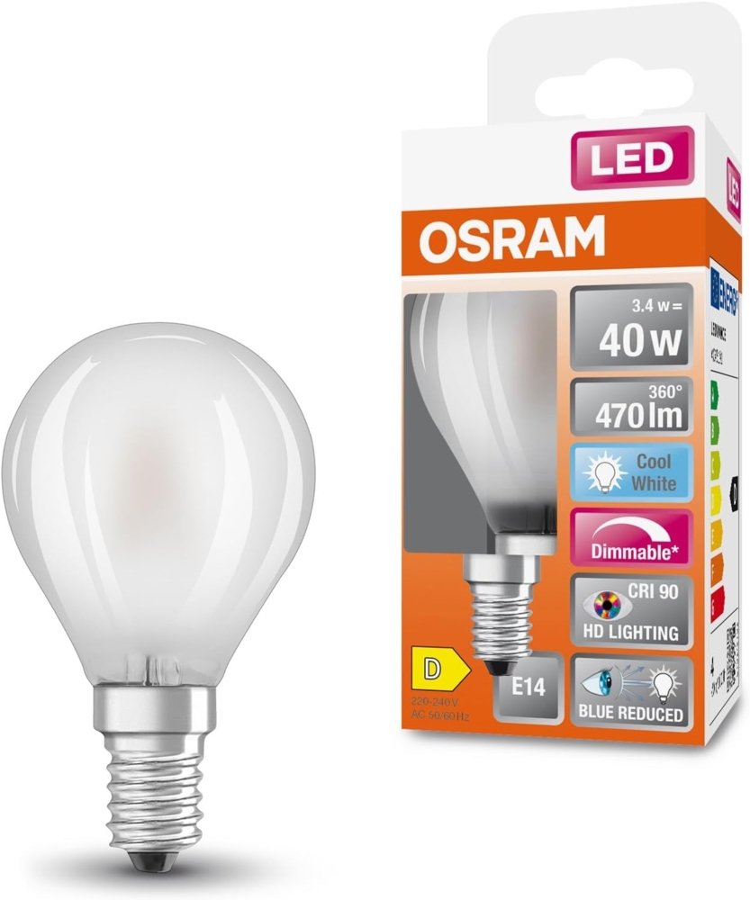 Osram Superstar dimmbare LED-Lampe mit besonders hoher Farbwiedergabe (CRI90) für E14-Sockel, mattes Glas,Kaltweiß (4000K), 470 Lumen, Ersatz für herkömmliche 40W-Leuchtmittel, dimmbar, 1-er Pack Bild 1