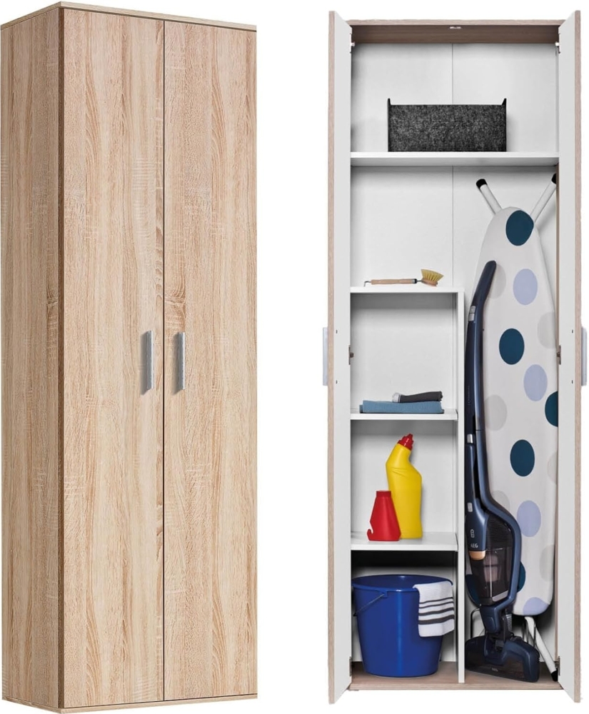 mokebo® Besenschrank 60CM Breite mit Staubsaugerfach 'Der Lange' moderner Mehrzweckschrank in Sonoma Eiche aus Holz, Schrank & Putzschrank | 60 x 180 x 34 (B/H/T in cm) | Braun Bild 1