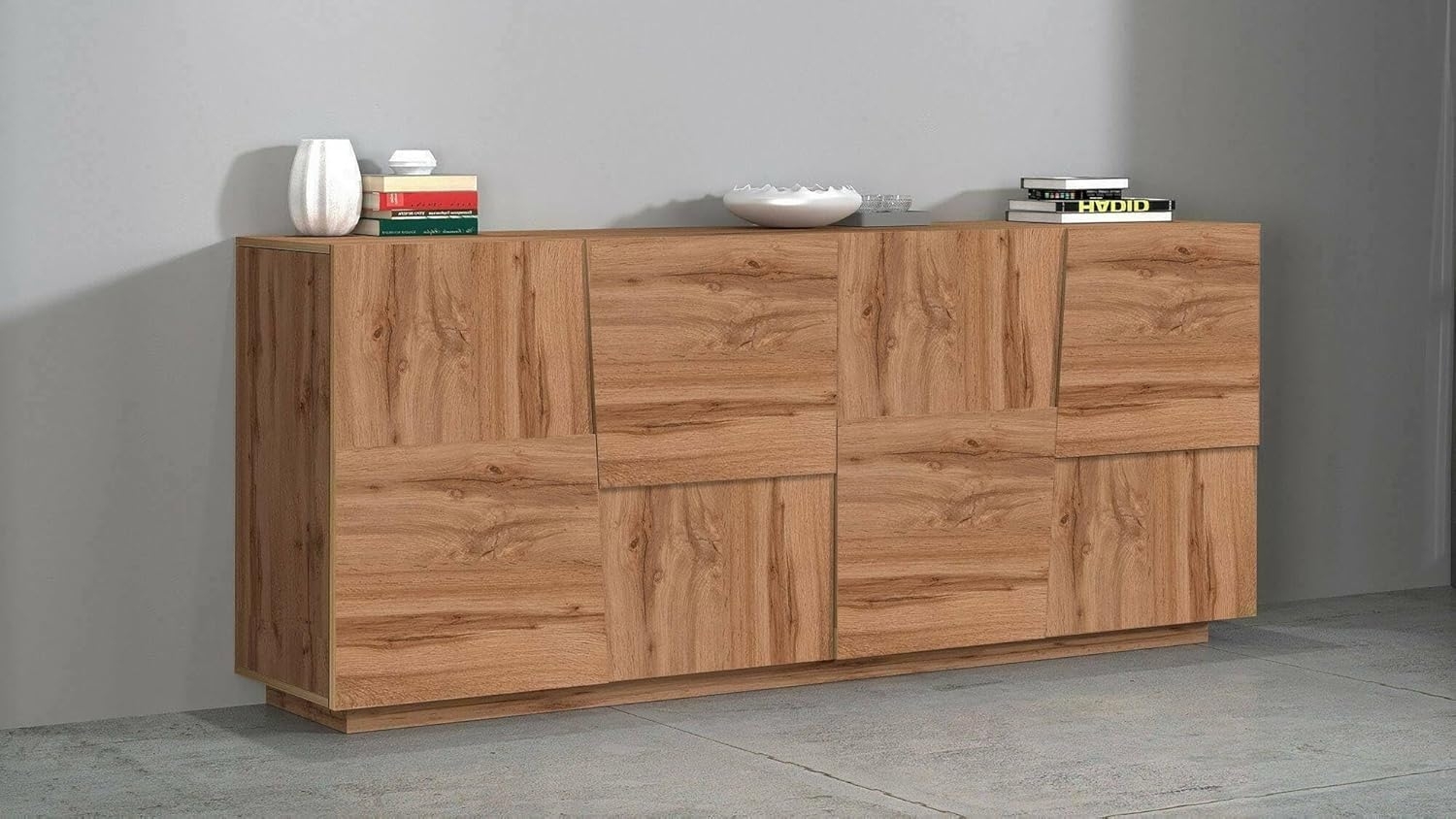 Dmora - Kommode Yago, Wohnzimmer-Buffet, modernes Wohnzimmer-Kommode mit 4 Türen, 200 x 44 x 86 cm, Eiche Bild 1