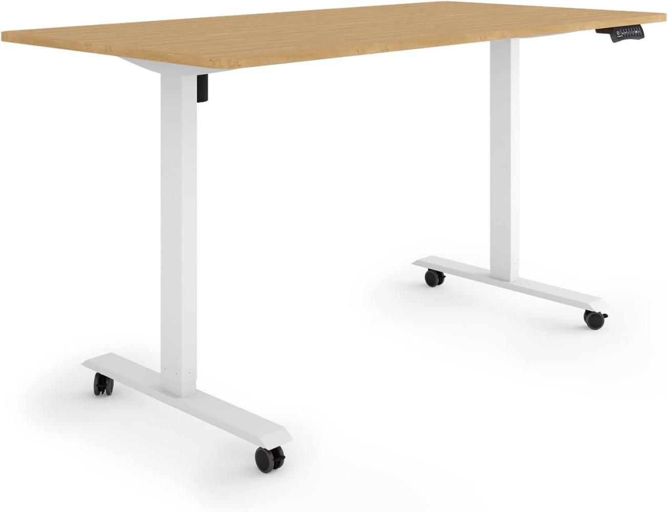 ESMART Germany ETX-121WBA 160x80cm Bambus Dekor Ergonomischer Steh-Sitz-Schreibtisch auf Rollen Stufenlos elektrisch höhenverstellbar 78,5-128,5cm 3X Memory Aktivitätserinnerung Soft-Start/Stopp Bild 1