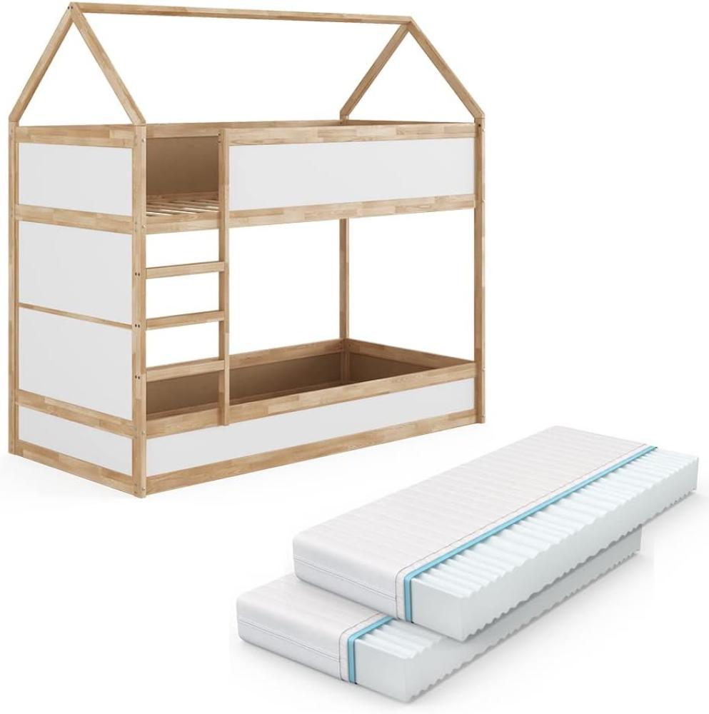 VitaliSpa, Kinderstockbett Doppelstockbett Etagenbett Massimo, Natur / Weiß, modern, 205x197 cm, Kinderzimmer Rausfallschutz Massivholz Lattenrost Matratze Bild 1