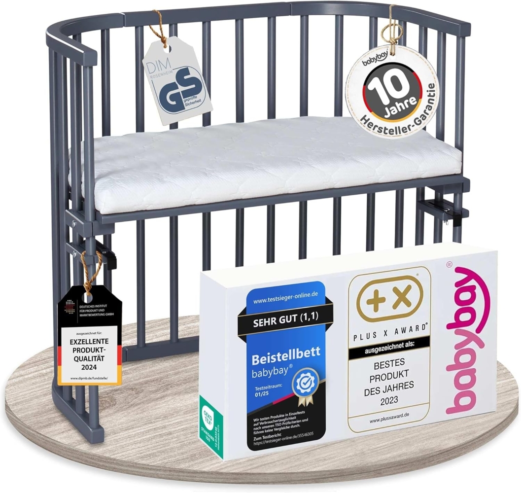 babybay Original Beistellbett aus massivem Buchenholz / kompakt & verwandelbar / Kinderbett Höhe stufenlos verstellbar / mitwachsendes Babybett (schiefergrau lackiert) / inkl. Matratze Bild 1
