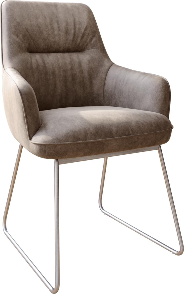 Esszimmerstuhl Zelia-Flex mit Armlehnen Mikrofaser Taupe Vintage Kufengestell Edelstahl Taschenfederkern Bild 1
