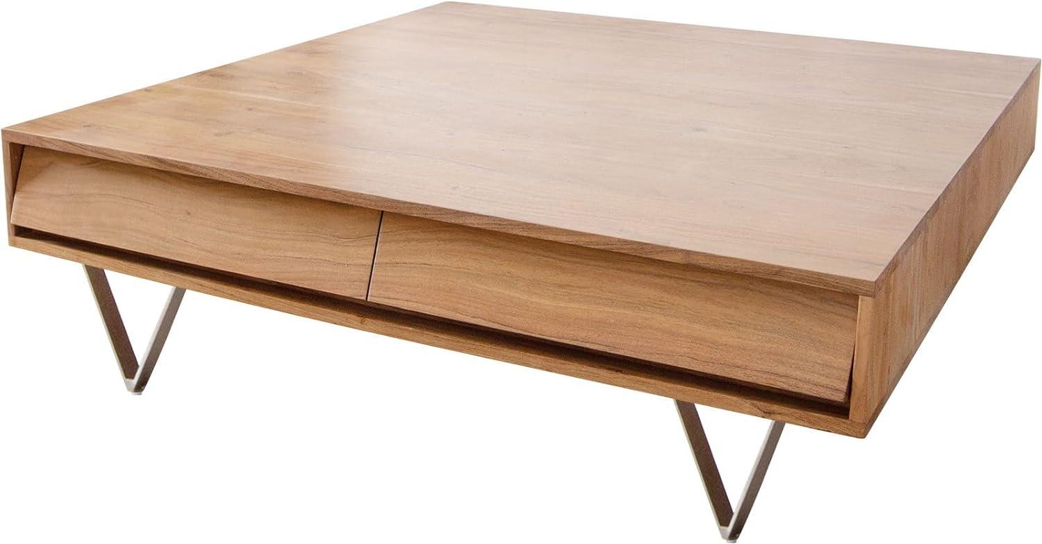 Couchtisch Eloi 115x115 cm Akazie Natur 4 Schubladen V-Fuß Edelstahl Bild 1