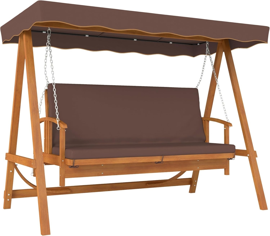 Outsunny Hollywoodschaukel mit Sonnendach, Sitzauflage, bis 330kg, 3-Sitzer, Liegefunktion, 3-Sitzer Gartenschaukel aus Holz, 1 tlg, 2 in 1 Holzschaukel mit Liegefunktion, für Garten, Terrasse, 236x130x181 cm, Braun Bild 1