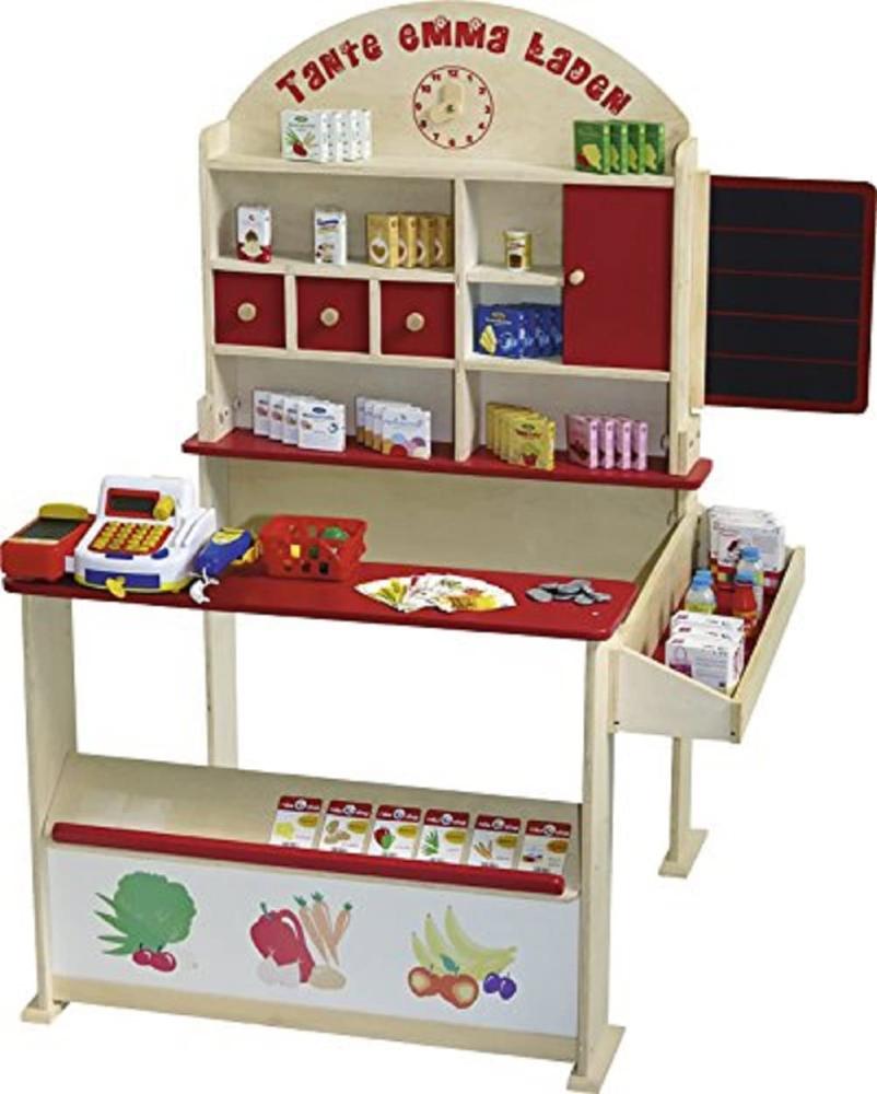 roba Kaufladen 'Tante Emma', Kinder Kaufmannsladen aus Holz, natur, mit Theke, Tafel, Seitentheke & Marktstand Bedruckung, inkl. Kaufladenzubehör Bild 1