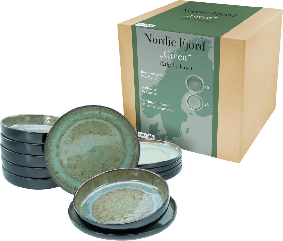 CreaTable Teller-Set Nordic Fjord (12-tlg), 6 Personen, Steinzeug, Tafelservice, 6 Speiseteller Ø 26 cm, 6 Suppenteller Ø 22,5 cm Bild 1