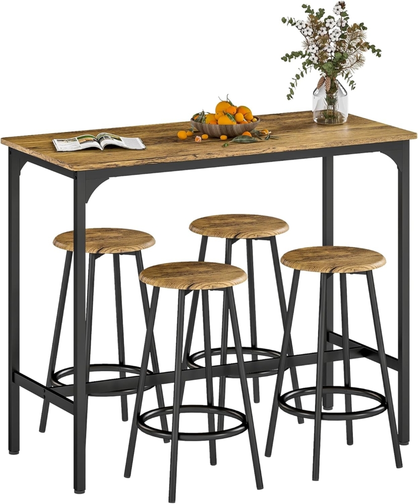 HOMCOM Bargruppe Bartisch mit Barhocker Set, (Essgruppe, 5-tlg, Bartisch-Set), Rustikal-Braun MDF Eisen Bild 1