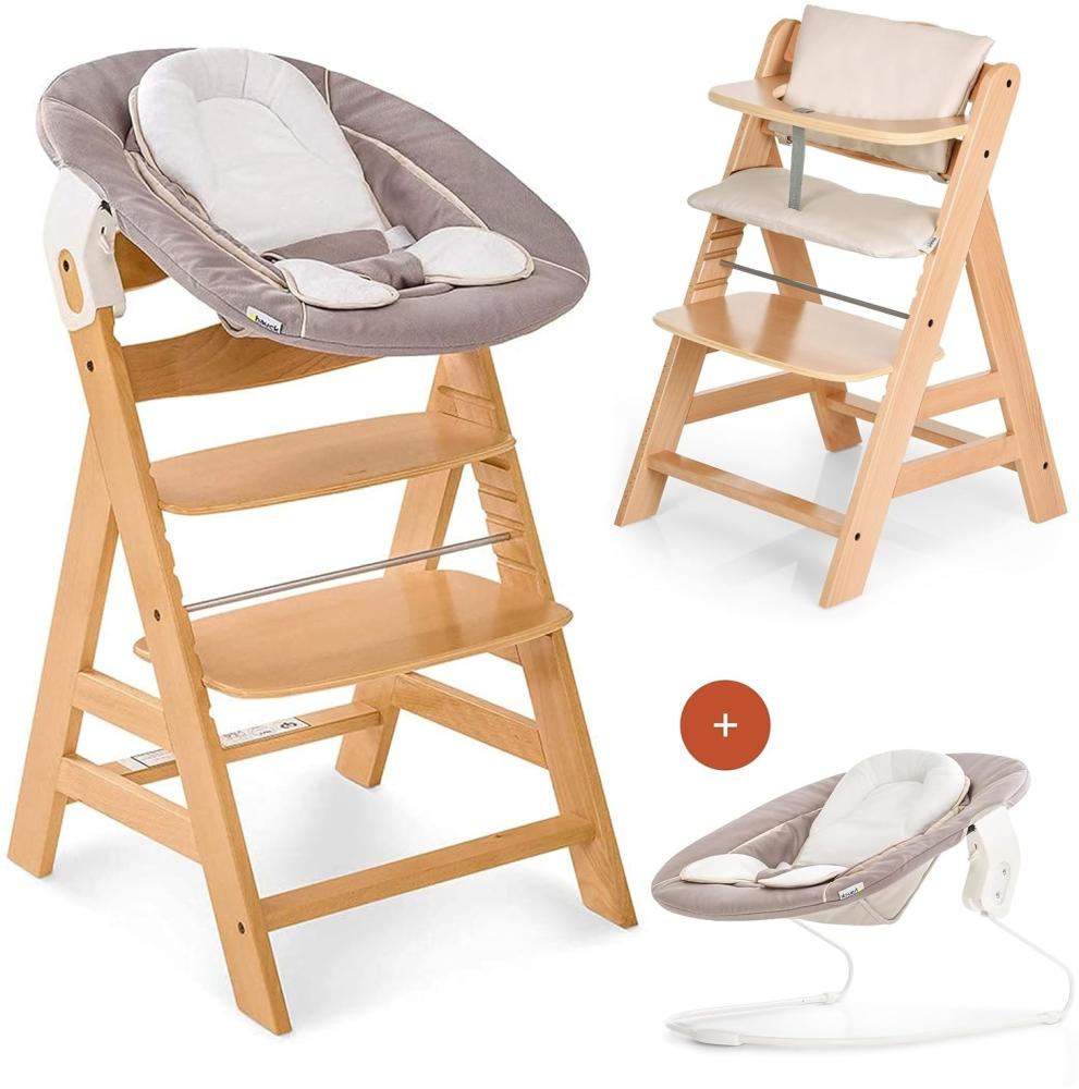 Hauck Alpha Newborn Set - Baby Holz Hochstuhl ab Geburt mit Liegefunktion inkl. Aufsatz für Neugeborene und Hochstuhlauflage, mitwachsend, höhenverstellbar - Natur Beige Bild 1