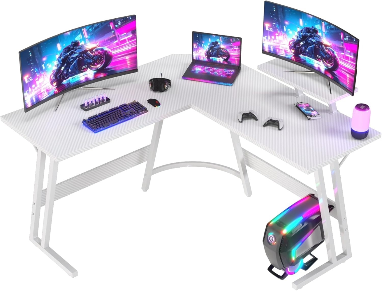JUMMICO Gaming Tisch L Form 120x120 cm, Eckschreibtisch für Gaming,Schreibtisch L Form Mit Monitorständer, Weiß Bild 1