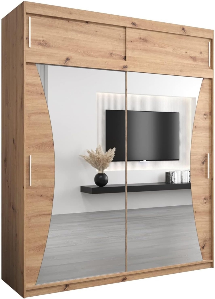 Kryspol Schwebetürenschrank Monaco 200 cm mit Spiegel Kleiderschrank mit Kleiderstange und Einlegeboden Schlafzimmer- Wohnzimmerschrank Schiebetüren Modern Design (Artisan Eiche mit Erweiterung) Bild 1