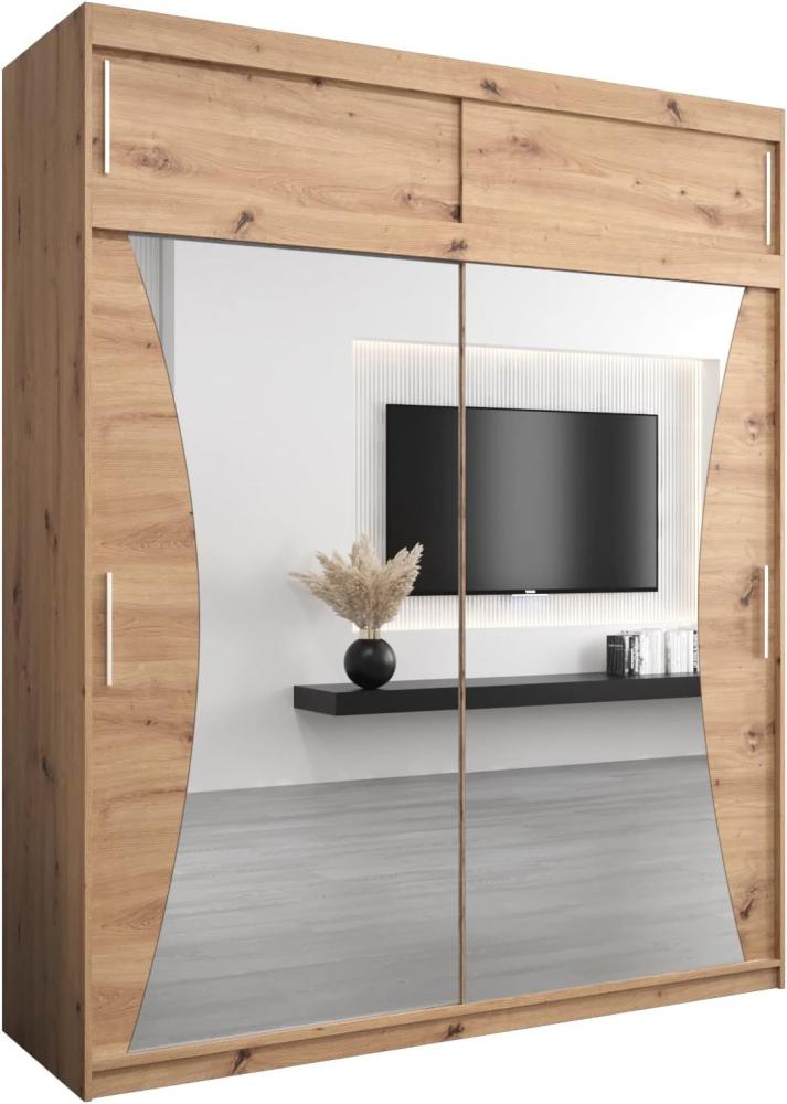 Kryspol Schwebetürenschrank Monaco 200 cm mit Spiegel Kleiderschrank mit Kleiderstange und Einlegeboden Schlafzimmer- Wohnzimmerschrank Schiebetüren Modern Design (Artisan Eiche mit Erweiterung) Bild 1