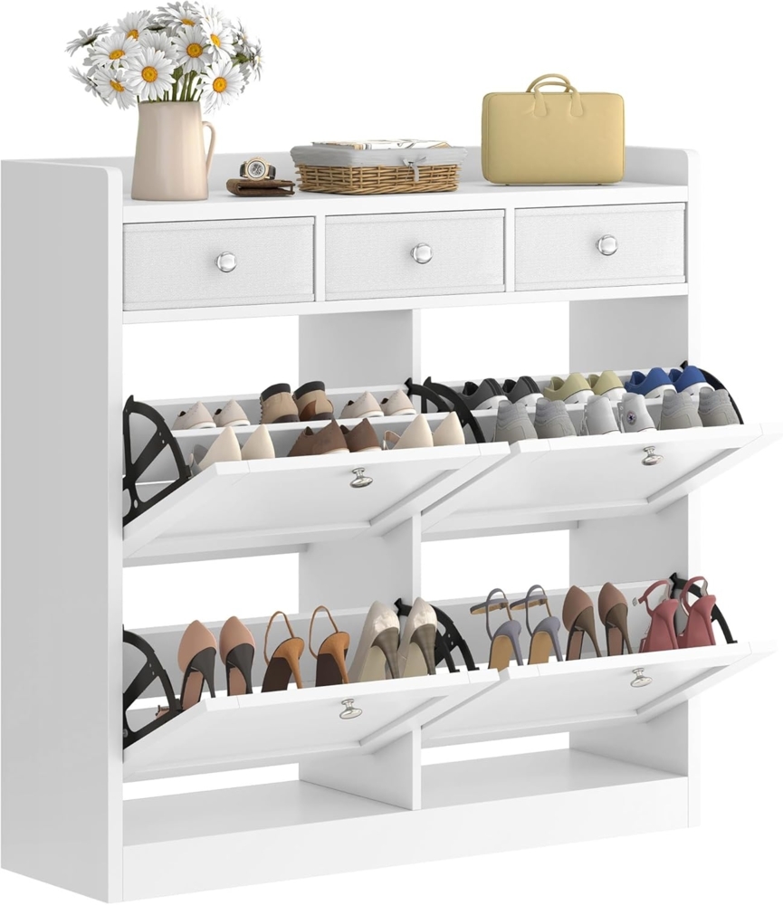 YITAHOME Schuhschrank, Schuhregal Schuhkipper Schmal, Schuhschrank Weiss mit 4 Klappen, Shoe Cabinet Schuhkommode Schuhschrank mit Schublade für Eingangsbereich, Flur (Weiss) Bild 1