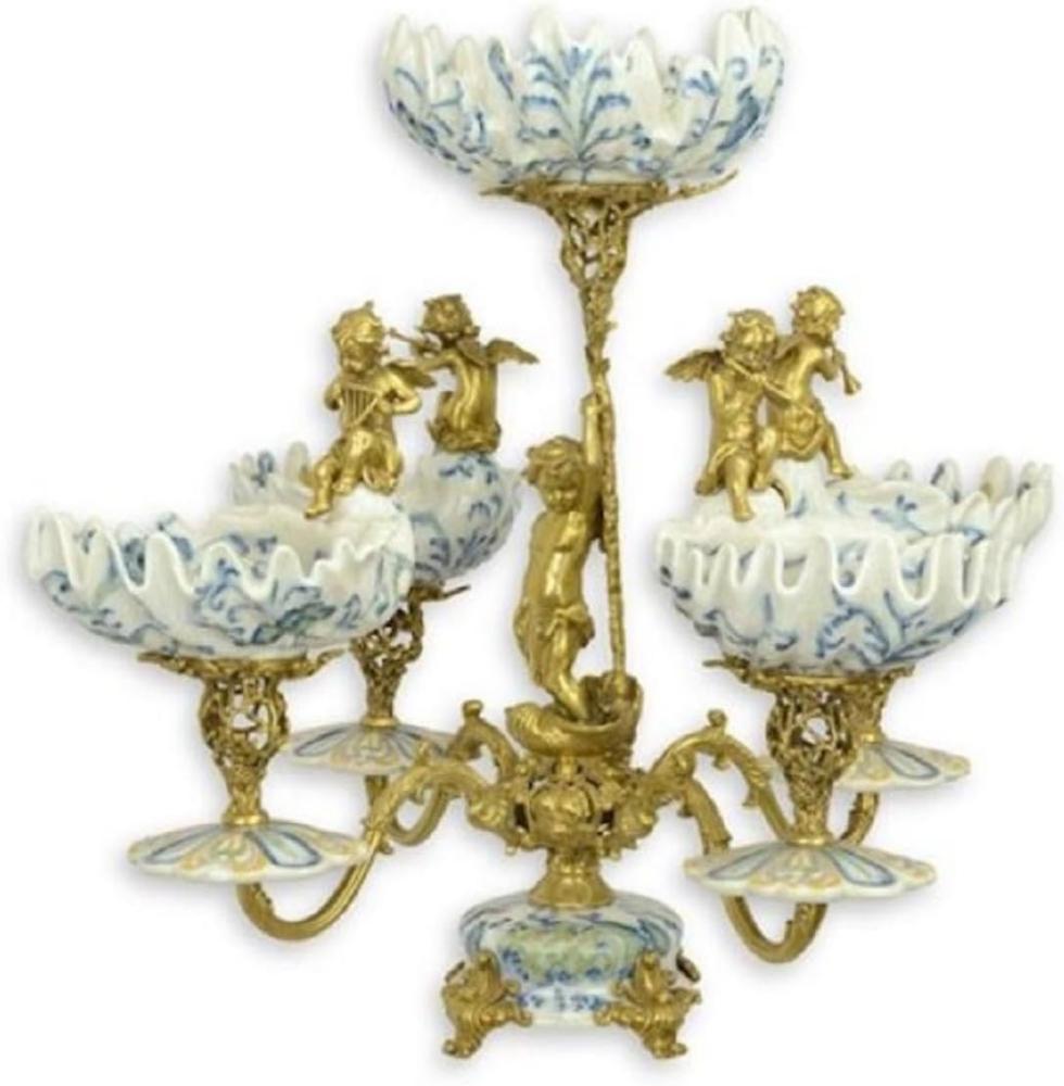 Casa Padrino Luxus Jugendstil Etagere mit dekorativen Engelsfiguren Creme / Blau / Gold H. 55 cm - Hotel & Restaurant Accessoires - Barock & Jugendstil Deko Accessoires Bild 1