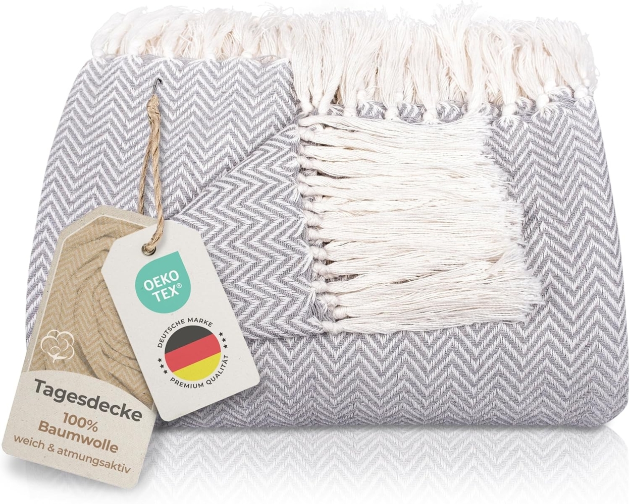 Gräfenstayn Tagesdecke mit Fransen aus 100% Baumwolle – Baumwolldecke mit Fischgrätenmuster, Wohndecke als Sofa-Überwurf, Bett-Überwurf, Couch-Überwurf, Sofa-Decke Bild 1