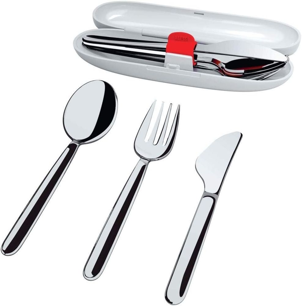 Alessi Besteck-Set Reisebesteck Set, Edelstahl 18/10 poliert, Etui thermoplastisches Harz, Je 1 Löffel, Messer, Gabel 15.5 cm lang Bild 1