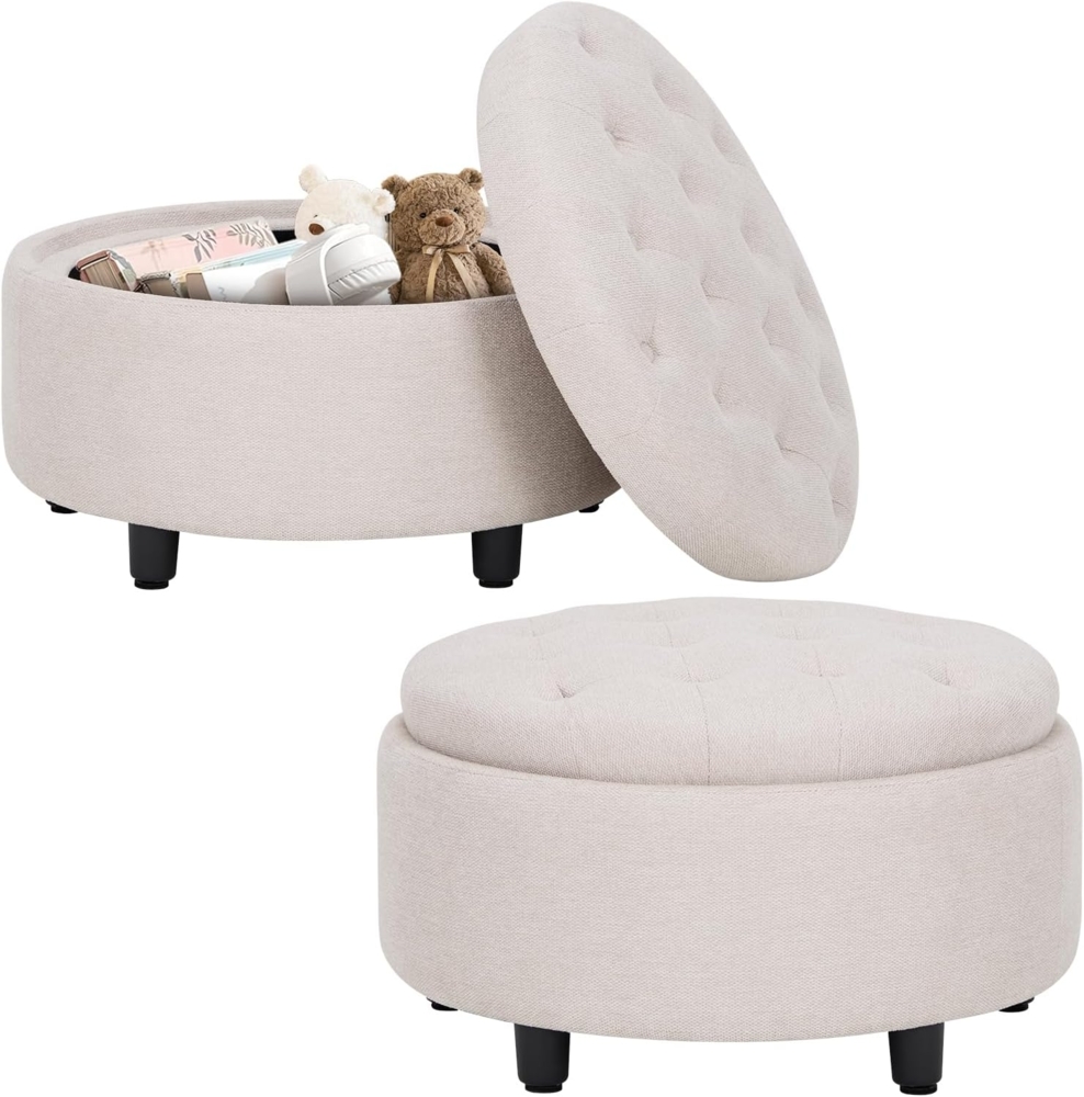 COLAMY Hocker mit Stauraum 2er Set, Modernes Kunstleder Sitzhocker mit Stauraum, Gepolstert Rund Fußhocker Aufbewahrung mit Holzbeinen für Wohnzimmer Schminktisch Schlafzimmer Schlafzi, beige Bild 1