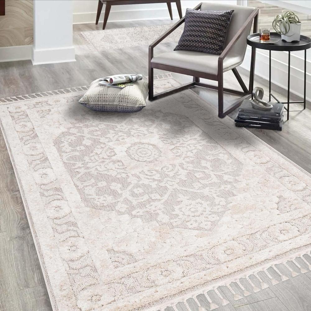 carpet city Teppich Wohnzimmer Boho-Stil Creme - 200x290 cm - Ornamente, Bordüre - Relief-Optik, 3D-Effekt - Cut-&Loop, Sisal - Moderne Fransen-Teppiche Schlafzimmer Bild 1