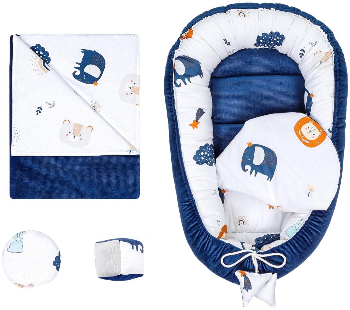 Babynestchen Set Neugeborene 90x50 cm Velvet - Kuschelnest Baby Nestchen 5-teilig Kokon Regenbogen Dunkelblau Bild 1