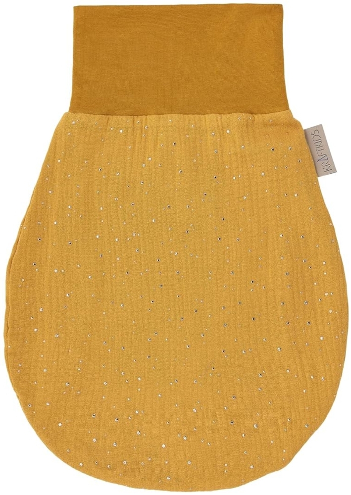 KraftKids Strampelsack Musselin goldene Punkte auf Gelb für den Herbst/Winter aus Musselin Baumwolle und warmen Fleece in zwei Größen erhältlich Bild 1