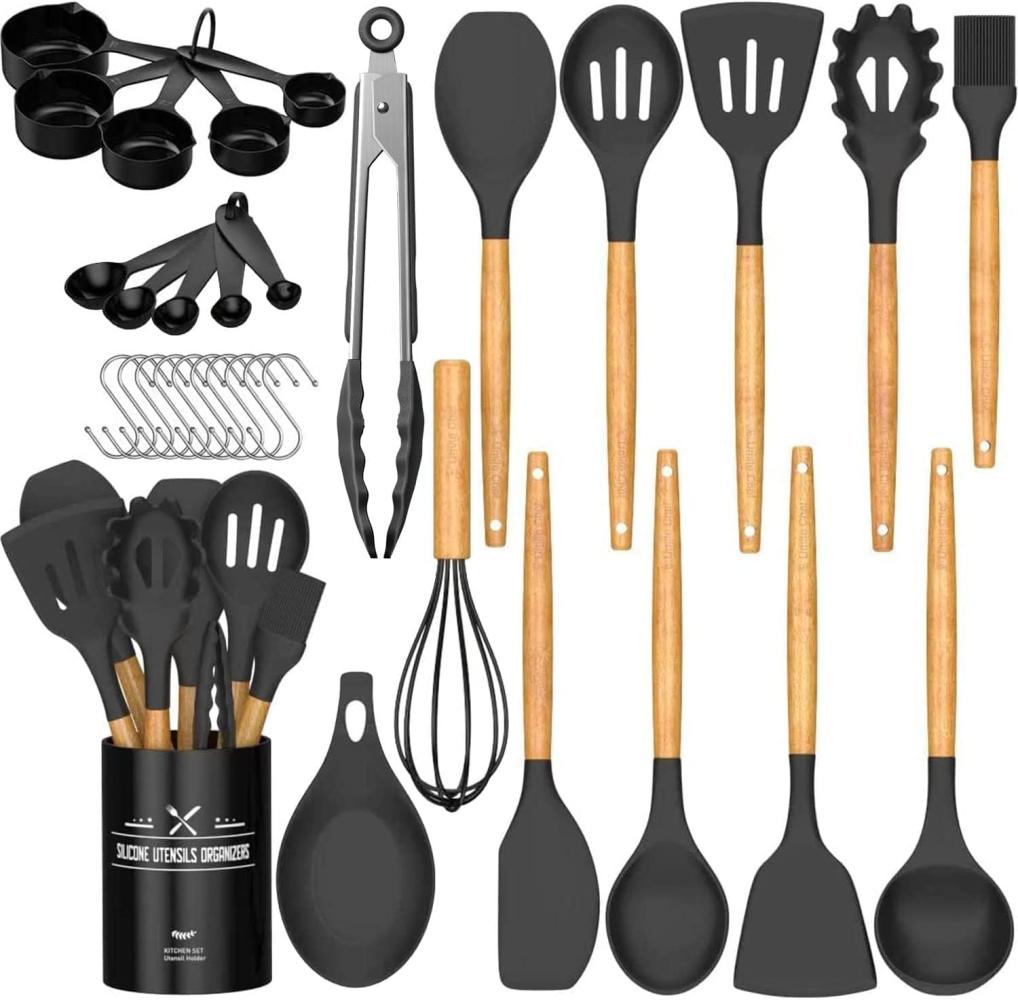 Umite Chef Küchenutensilien-Set, 24-teilig, antihaftbeschichtetes Silikon, Pfannenwender mit Halter, Holzgriff, hitzebeständig, BPA-frei, Küchenutensilien-Set Schwarz Grau 24 Stück Bild 1