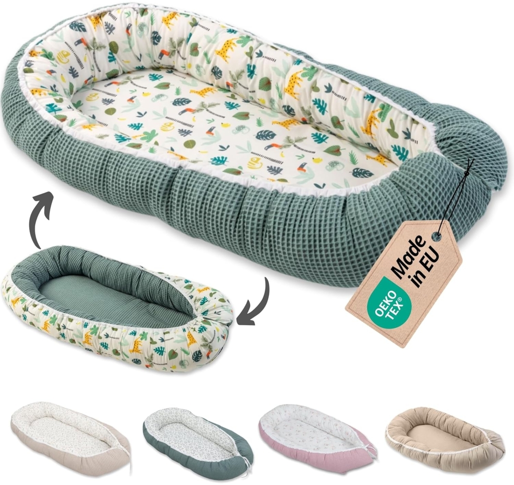 ULLENBOOM ® Bettnestchen Kuschelnest Baby 55x95 cm, kuscheliges Babynest, Made in EU, (1-tlg), Ideal für Neugeborene als Reisebett, Salbeigrün Regenwald Bild 1