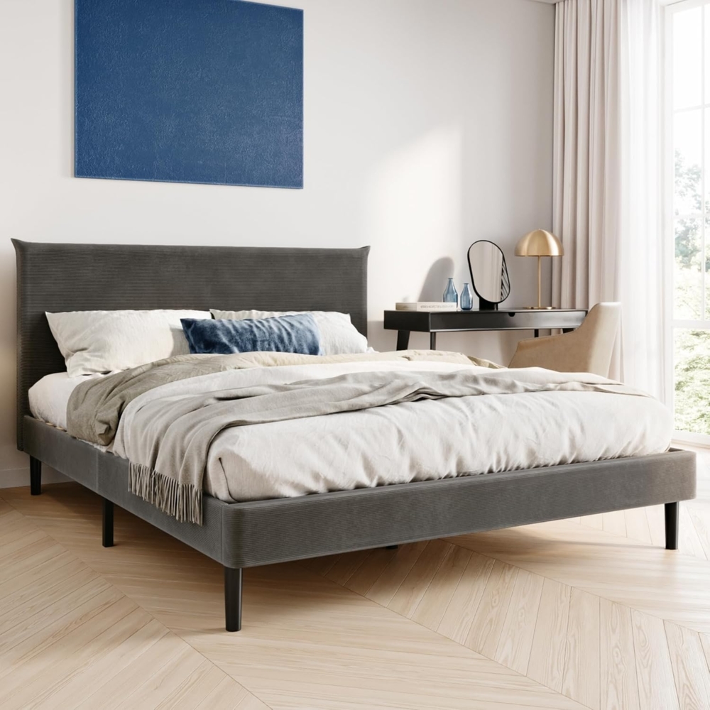 Home Collective Polsterbett 140x200 und 160x200 cm mit Lattenrost und weichem Bezug, Bettgestell (Doppelbett mit gepolstertem Kopfteil, robustes Gestell, hoher Liegekomfort), 160x200 cm, Grau, Cordbezug Bild 1