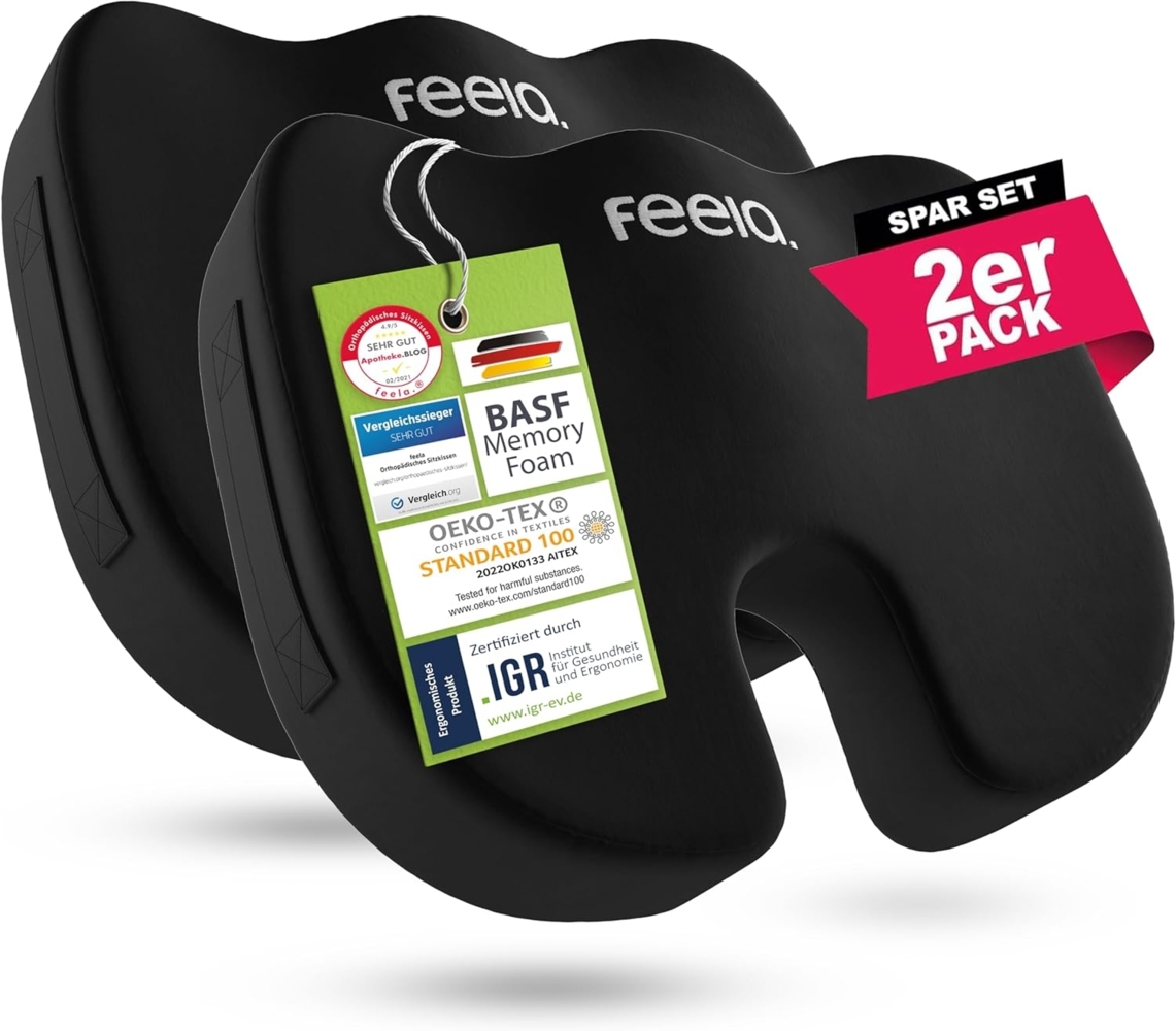 feela.® Orthopädisches Sitzkissen [3 Härtegrade] - Ergonomisches Sitzkissen für Bürostuhl & Co - Wirkt Schmerzreduzierend, Erhöht Sitzkomfort, und Entlastet das Steißbein (2er Set, Hart) Bild 1