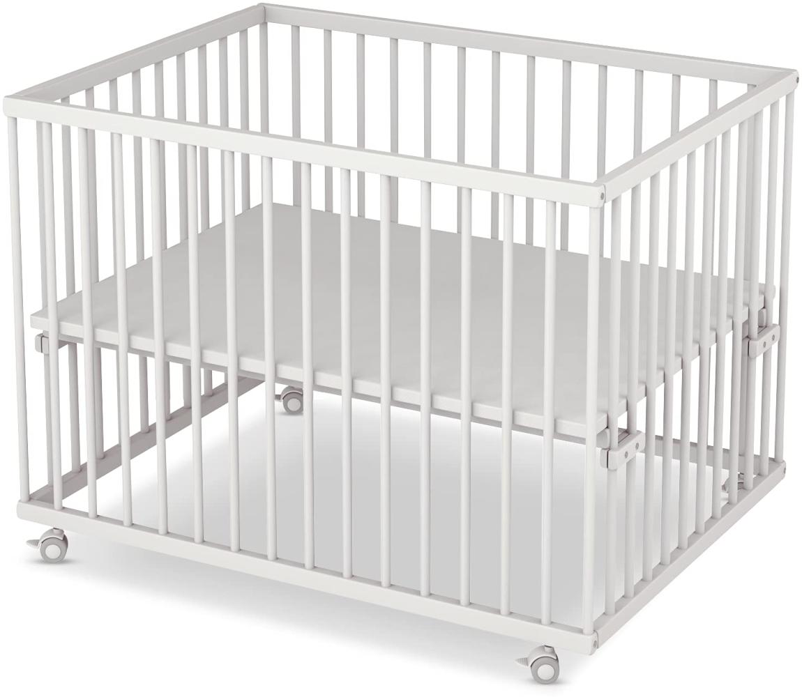 Sämann Laufgitter PREMIUM 75x100 cm mit Matratze - TÜV geprüft 2022 - stufenlos höhenverstellbar Laufstall Baby Buche weiß Bild 1