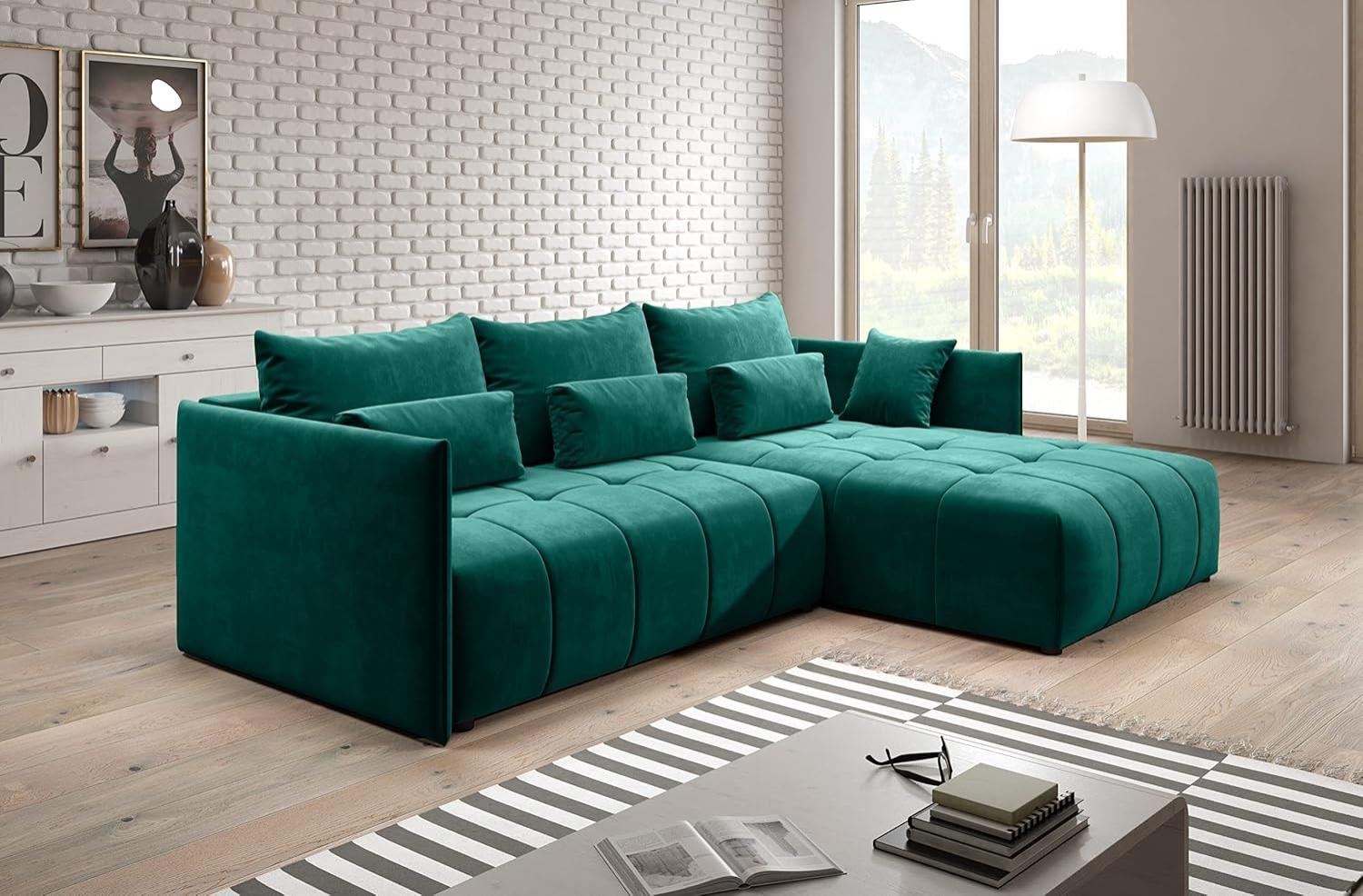 FURNIX Ecksofa Yalta mit Schlaffunktion und Bettkasten - Couch L-Form Sofa mit Kissen - Stellfüße in Chromoptik - B245 x H83 x T182 cm, Liegefläche: 147 x 232 cm - MH37 (Grün) Bild 1