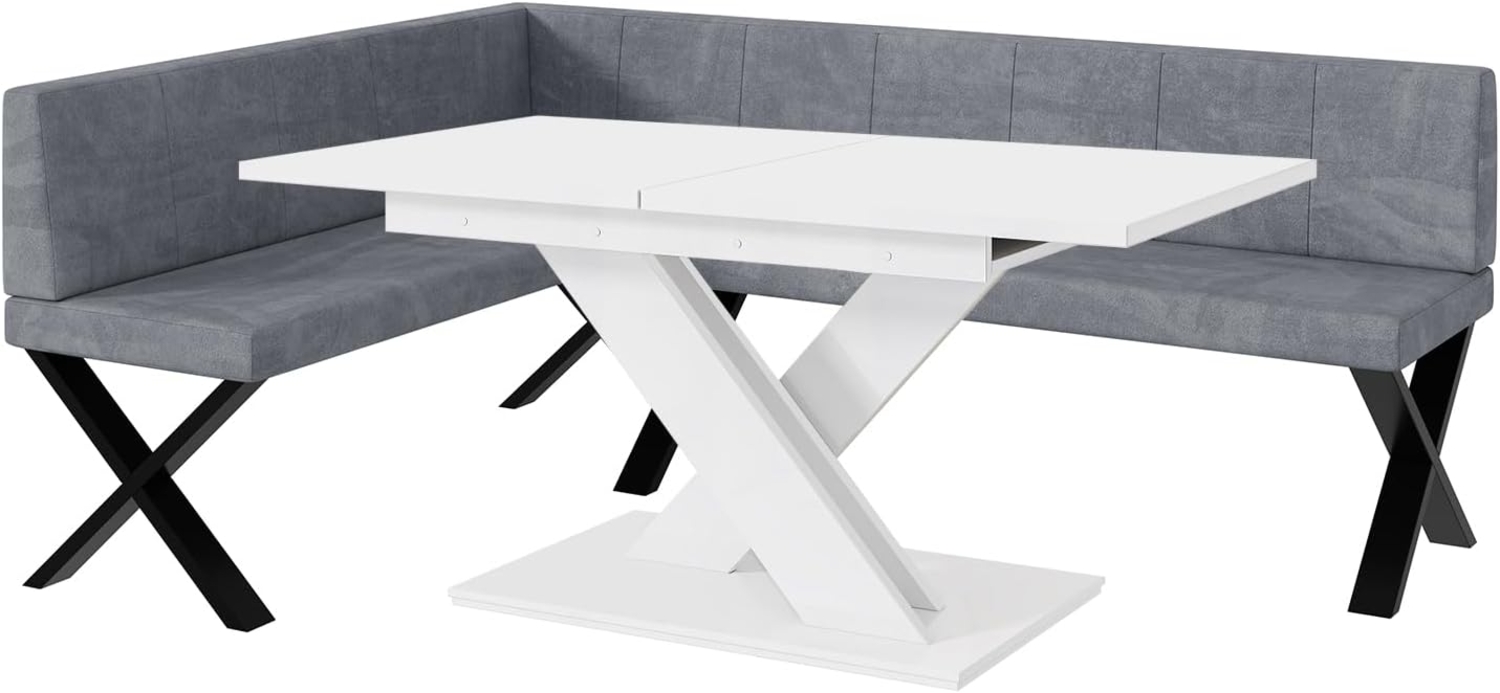 MEBLINI Eckbank für Esszimmer mit ausziehbarem Tisch - Küchenbank - Essecke - Sitzecke Küche - PETER - X-Beine 142x196x87cm Links - Grau Samt/B Weiß Matt Bild 1