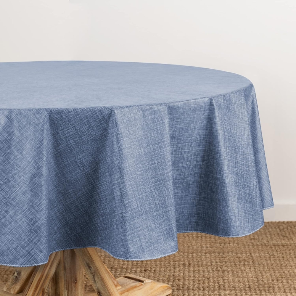 Elrene Home Fashions Monterey Tischdecke aus Vinyl, Leinenstruktur, Wasser- und schmutzabweisend, für drinnen und draußen, mit Flanell-Rückseite, 177,8 cm, rund, Blau Bild 1