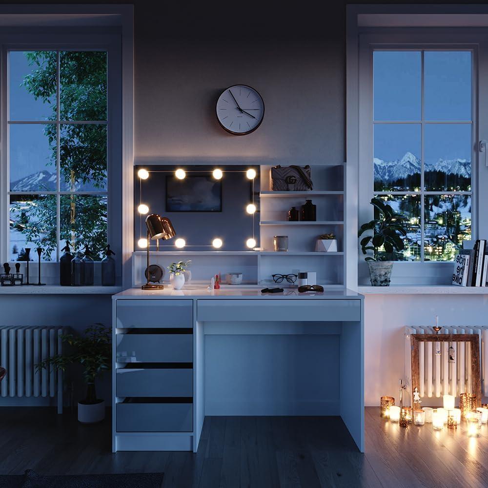 Schminktisch Sherry Weiß 120 cm mit LED Beleuchtung, und Spiegelregal Vicco Bild 1