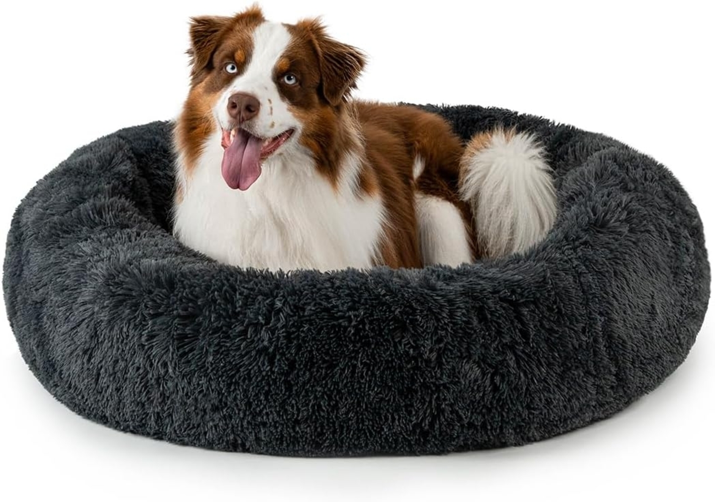 lionto Donutbett für Hunde und Katzen, Flauschiges Hundebett rund für kleine und große Heimtiere, Ø 100 cm, weiches Katzenbett aus kuscheligem Plüsch, Hundekissen mit extra Dicker Füllung, dunkelgrau Bild 1