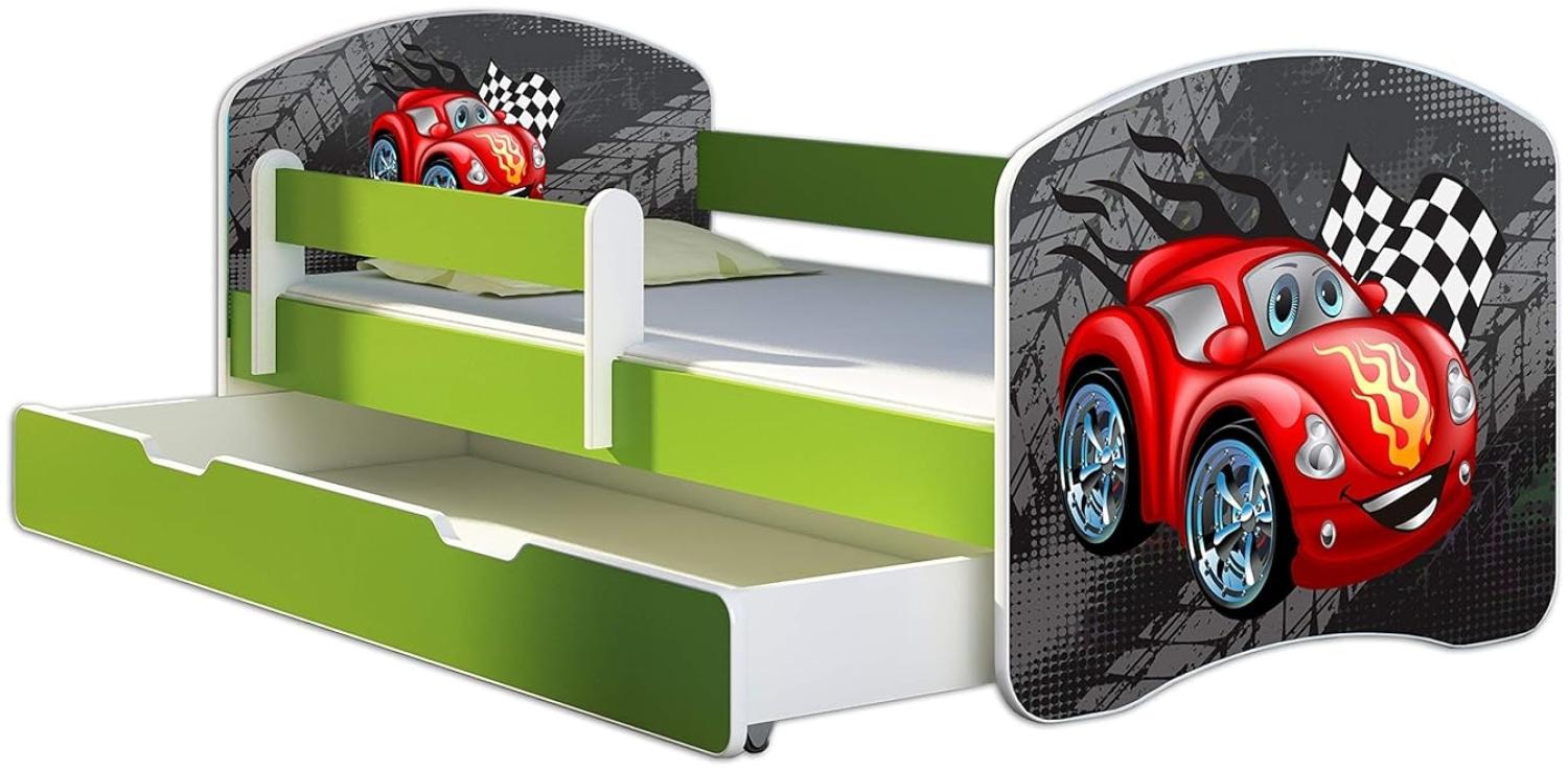 ACMA Kinderbett Jugendbett mit Einer Schublade und Matratze Grün mit Rausfallschutz Lattenrost II 140x70 160x80 180x80 (05 Rote Auto, 140x70 + Bettkasten) Bild 1