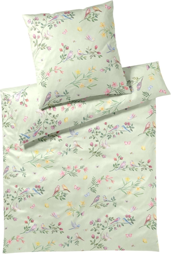 elegante Seiden Satin Bettwäsche Songbird pistaziengrün|135x200 cm + 80x80 cm Bild 1