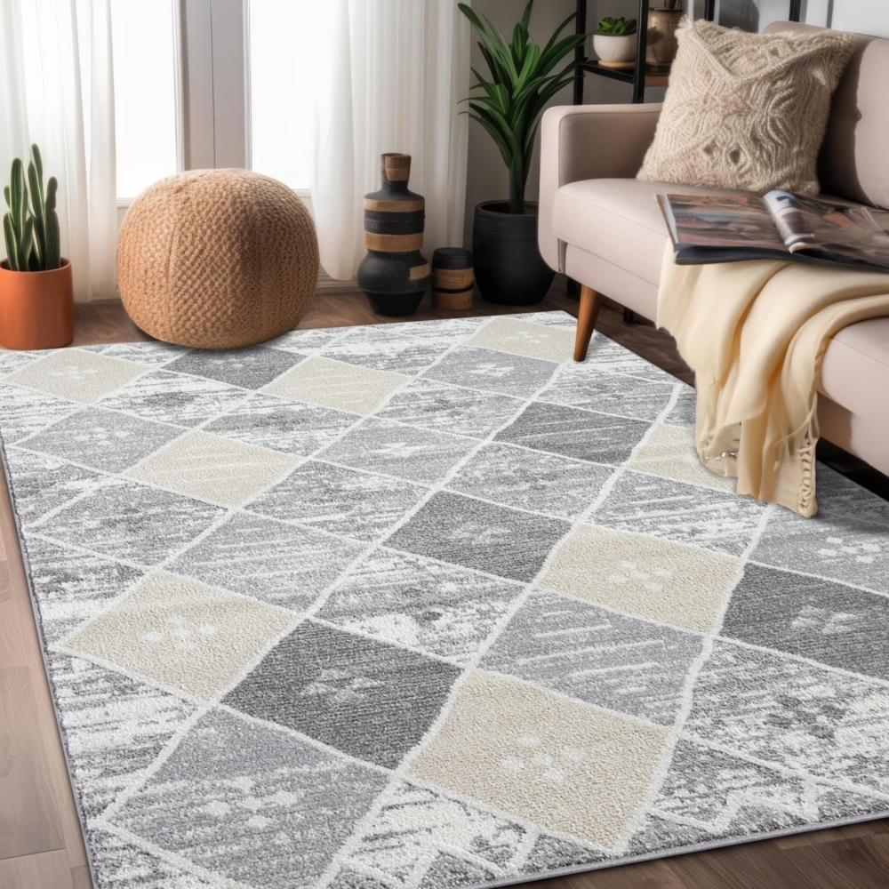 Teppich Rund Kurzflor Beige 160x160cm Geometrisch Melierte Muster mit Hoch-Tief-Effekt, 3D Effekt, Weich Bild 1