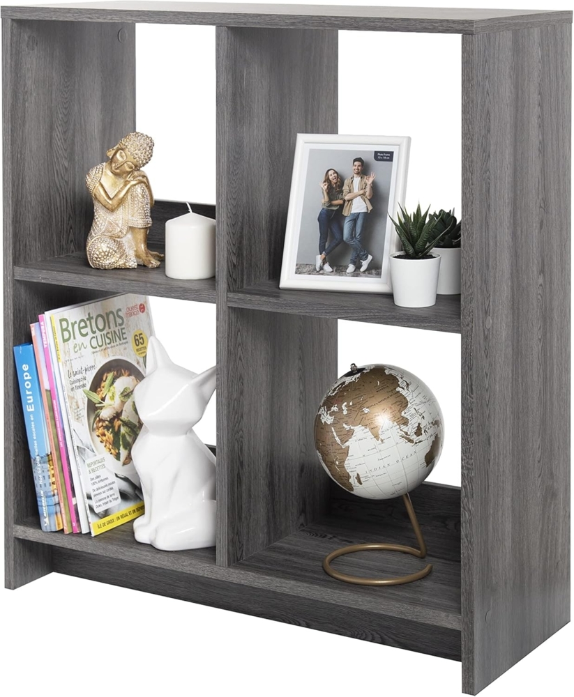 Iris Ohyama, Offener Schrank, Bücherregal, Regal mit 4 Fächern, Trennwand, horizontal & vertikal, Büro, Schlafzimmer, Wohnzimmer - Wood Open Shelf WOS-4 - Eiche Grau Bild 1