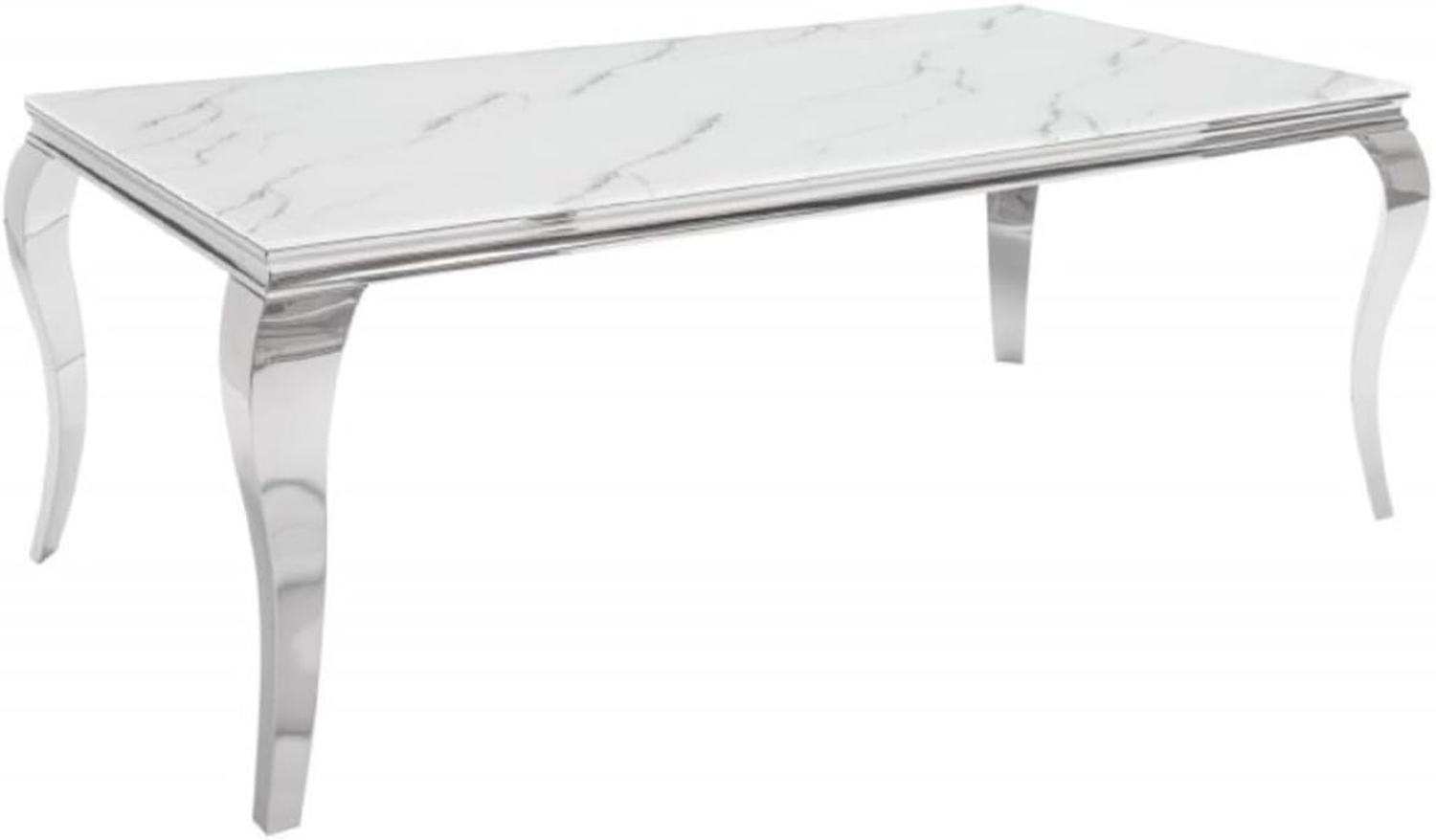 Casa Padrino Designer Esstisch Weiß / Grau / Silber 180 x 95 x H. 75 cm - Rechteckiger Edelstahl Küchentisch mit digitalbedrucktem Sicherheitsglas in Marmoroptik - Moderne Barock Möbel Bild 1