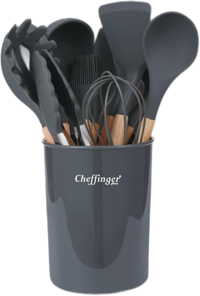 Cheffinger Küchenorganizer-Set Cheffinger 12-tlg Küchenhelfer Kochbesteck Silikon Holzgriff Grau Bild 1