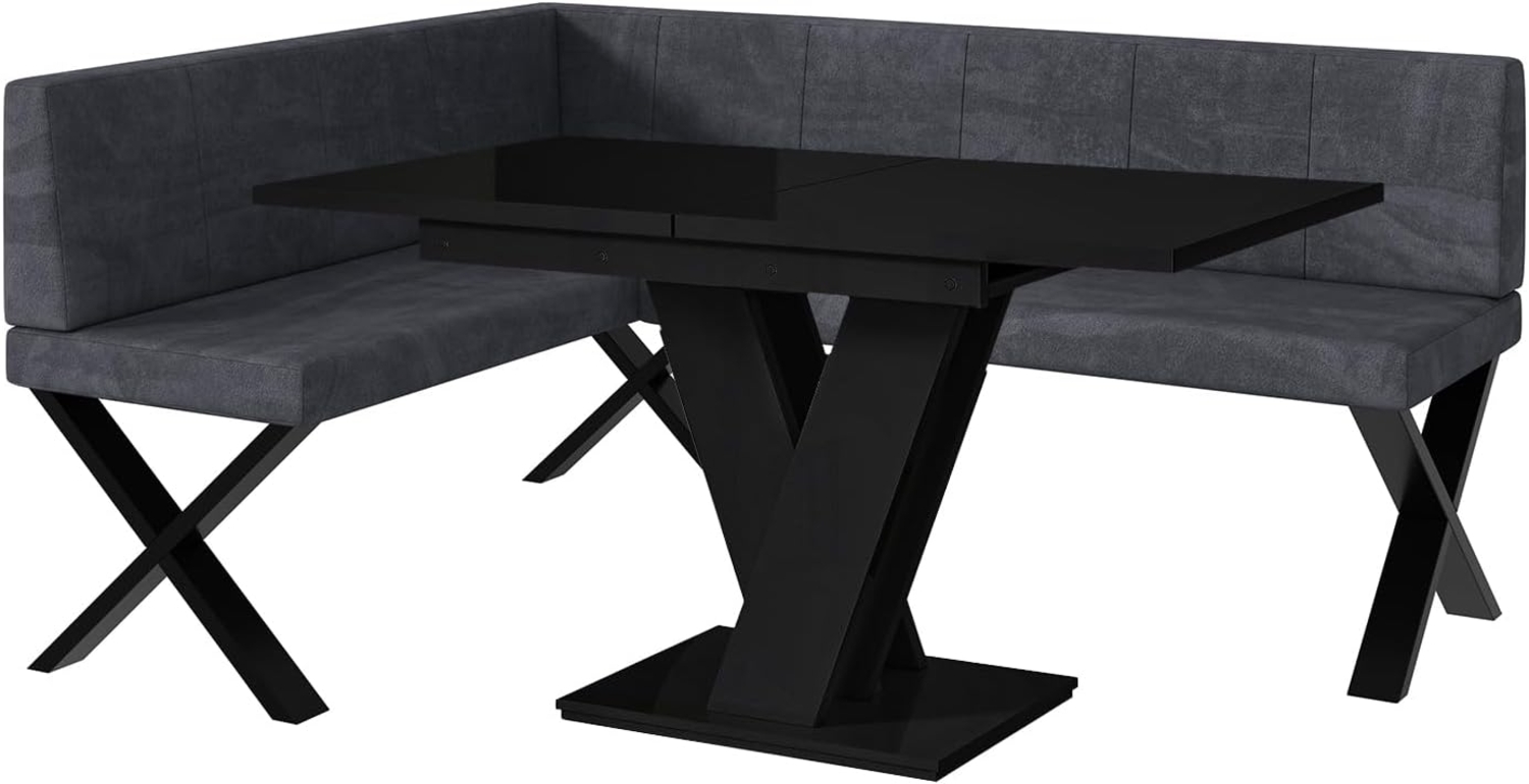 MEBLINI Eckbank für Esszimmer mit ausziehbarem Tisch - Küchenbank - Essecke - Sitzecke Küche - PETER - X-Beine 128x168x87cm Links - Dunkelgrau Samt/M Schwarz Hochgl. Bild 1