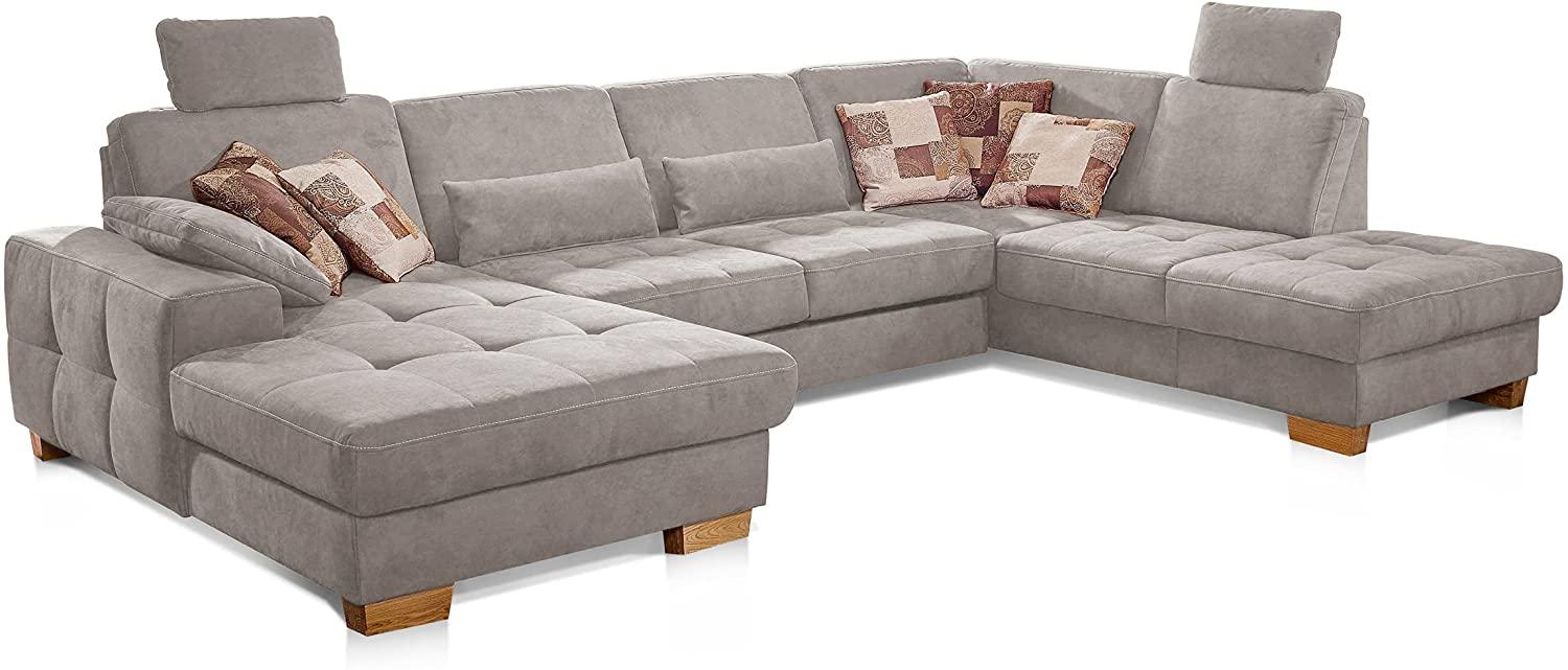 CAVADORE Wohnlandschaft Puccino mit Federkern, Sitztiefenverstellung und 2 Kopfstützen / Sofa in U-Form im Landhausstil / 340 x 86 x 224 cm / Mikrofaser Hellgrau Bild 1