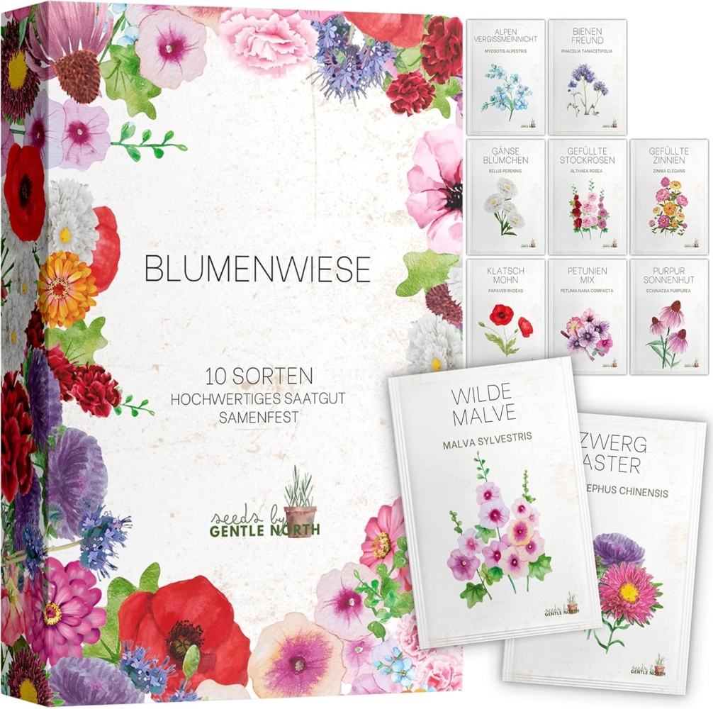 Blumen Samen Set - 10 bunte Blumensamen Sorten für den Garten oder Balkon, die Bienenweide und Wildblumenwiese - Blumenwiese Samen - bunte Wildblumensamen Mischung Bild 1