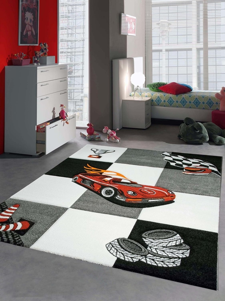 Carpetia Kinderteppich Kinderteppich Jungen Kinderzimmerteppich Auto Rennwagen rot schwarz, rund, Höhe: 13 mm Bild 1