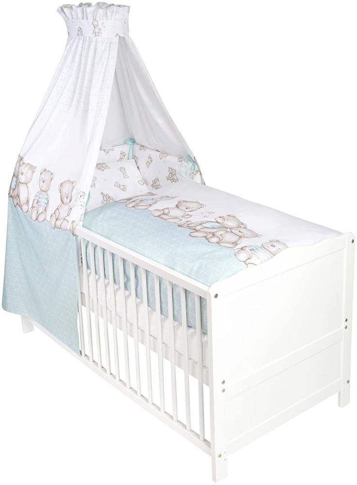 Julius Zöllner 5210317106 Bettset für Baby- und Kinderbetten, 3-teilig inklusiv Nestchen, Himmel und Bettwäsche 100x135 + 40x60 cm, 100% Baumwolle, Made in Germany, Bärenland mint, mehrfarbig, 1560 g Bild 1