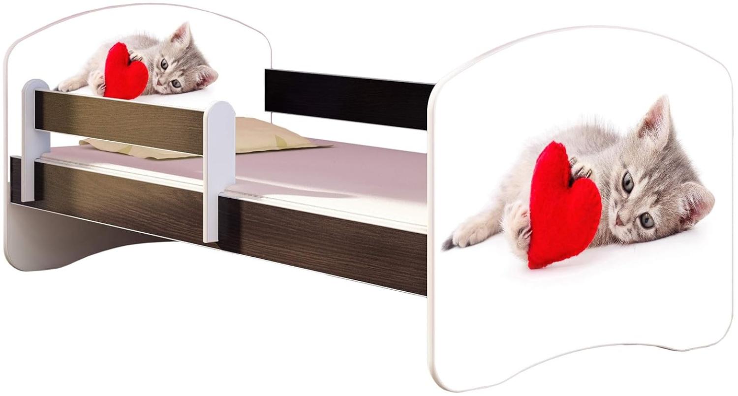 ACMA Kinderbett Jugendbett mit Einer Schublade und Matratze Wenge mit Rausfallschutz Lattenrost II 140x70 160x80 180x80 (40 Katze mit Herz, 160x80) Bild 1