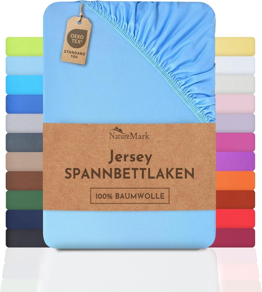 NatureMark Jersey Spannbettlaken, Spannbetttuch 100% Baumwolle in vielen Größen und Farben MARKENQUALITÄT ÖKOTEX Standard 100 | 200x220 cm +40 Steg - hell blau Bild 1