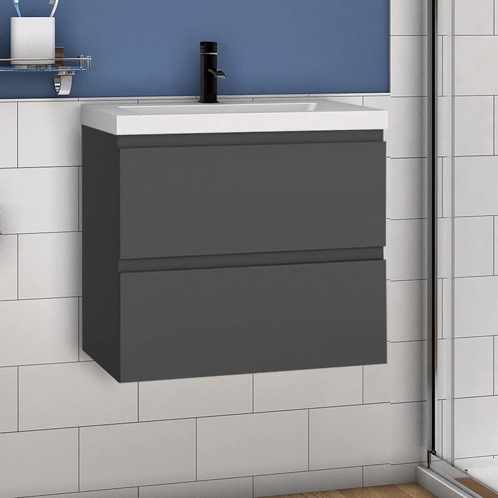 Waschtisch mit Unterschrank 60 cm Badmöbel Set mit Waschbecken Mineralguss Gäste WC Anthrazit Matt Bild 1