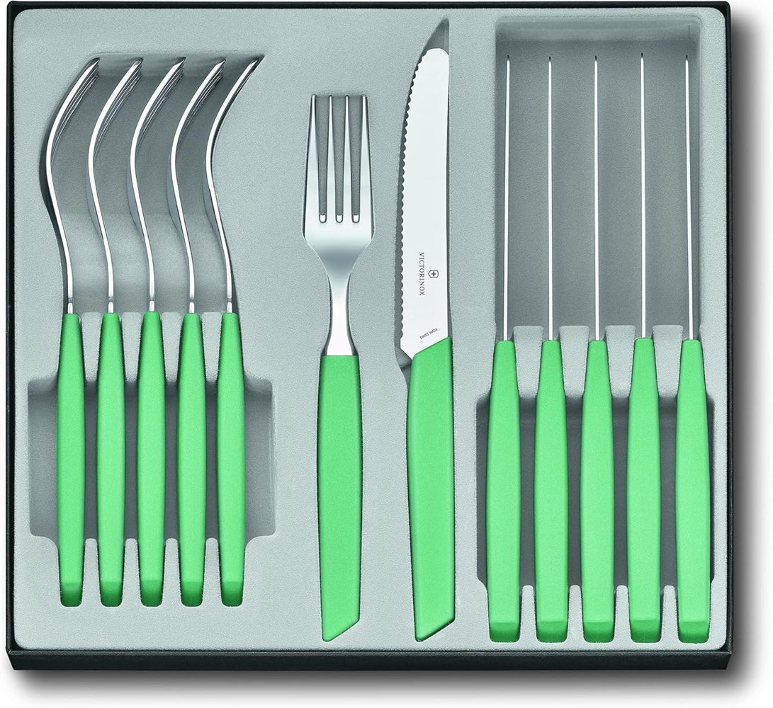 Victorinox Swiss Modern Besteck-Set für 6 Personen, 12-teilig, inkl. scharfe Messer mit Wellenschliff, Kunststoffgriffe, Minzgrün Bild 1